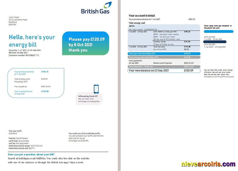 United Kingdom British Gas utility bill 2 pages, version 3